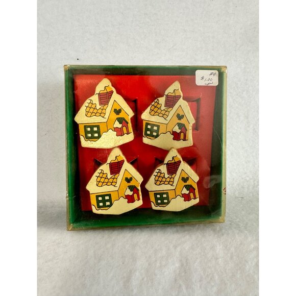 Vtg Set Of 4 Christmas Napkins & Rings Wooden Snowy Houses Embroidered - Picture 9 of 12